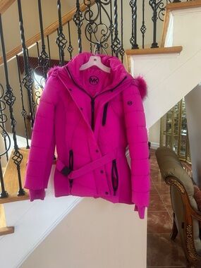 Michael Kors Hot Pink Girls' Puffer Jacket with Faux-Fur Trim